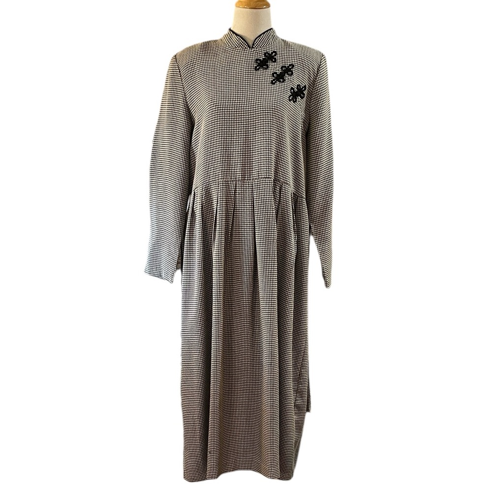 VINTAGE MISS DORBY HOUNDSTOOTH LONG SLEEVE MAXI DRESS BLACK WHITE PLUS SIZE 14